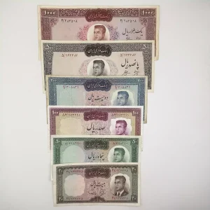 قیمت ست اسکناس کراواتی محمدرضا شاه بصورت 6 برگ شامل هزار ریالی، پانصد ریالی، 200 ریالی، 100 ریالی، 50 ریالی و 20 ریالی