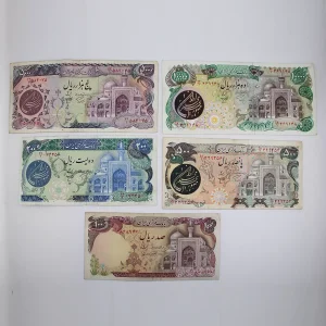 قیمت ست اسکناس بارگاهی 1359 شامل 100 ریالی، 200 ریالی، 500 ریالی، 5000 ریالی و 10000 ریالی