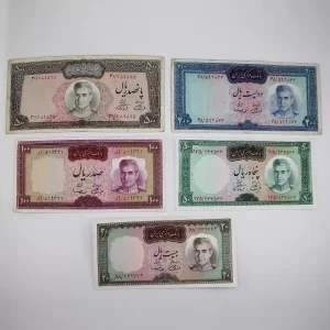 قیمت ست اسکناس یقه نظامی پهلوی، اسکناس یقه نظامی شامل 1000، 500، 200، 100، 50 و 20 ریالی محمدرضا شاه پهلوی