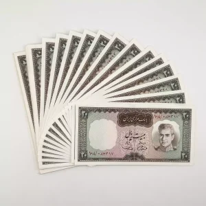 قیمت ۲ تومانی شکارگاهی، خرید اسکناس 2 تومانی آموزگار سمیعی، دو تومنی بالاقرمز پهلوی دوره محمدرضا شاه بصورت 25 جفت سوپر بانکی از یک بسته پهلوی