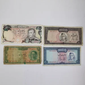 خرید ست اسکناس پهلوی 500 ریالی شانه پهن، 500 ریالی عکس وسط، 200 ریالی آموزگار جهانشاهی، 50 ریالی سری سوم بصورت 4 برگ