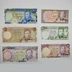 خرید اسکناس پهلوی، قیمت ست شانه پهن محمدرضا شاه، ست اسکناس شانه پهن 5000، 1000، 200، 100، 50 و 20 ریالی بصورت 6 برگ با قیمت استثنایی