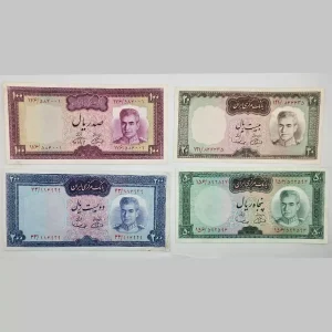 قیمت ست اسکناس یقه نظامی محمدرضا شاه پهلوی 200 ریالی و 100 ریالی و 50 ریالی و 20 ریالی