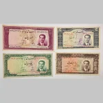 قیمت ست اسکناس کراواتی شاه جوان، قیمت اسکناس کراواتی پهلوی شامل 100 ریالی، 50 ریالی، 20 ریالی و 10 ریالی