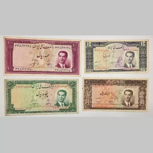 قیمت ست اسکناس کراواتی شاه جوان، قیمت اسکناس کراواتی پهلوی شامل 100 ریالی، 50 ریالی، 20 ریالی و 10 ریالی